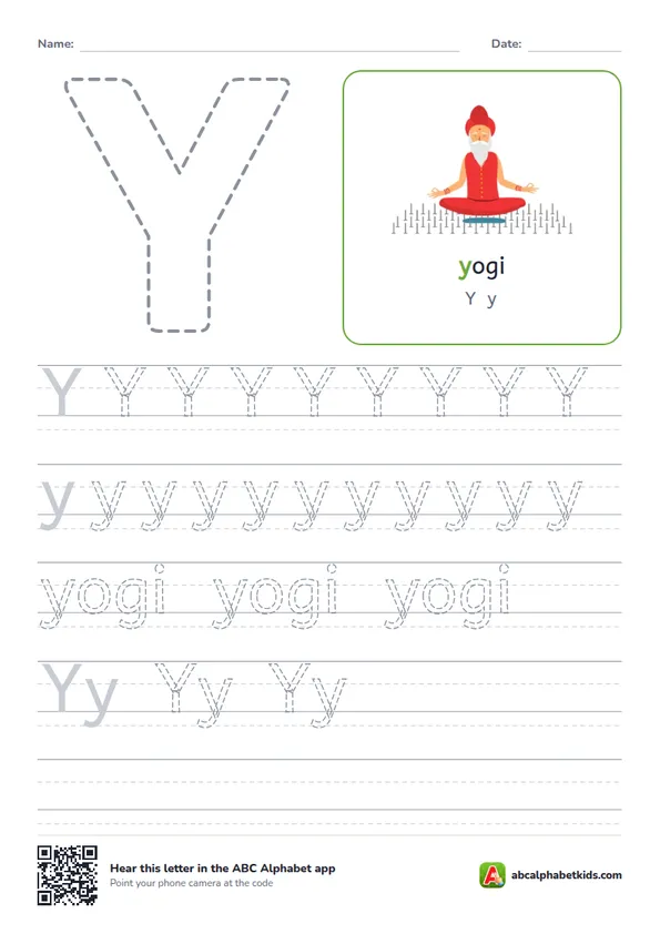 Letter Y tracing worksheet with a yogi