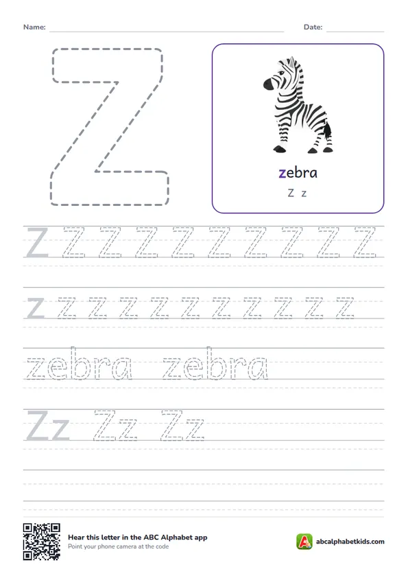 Letter Z tracing worksheet with a zebra