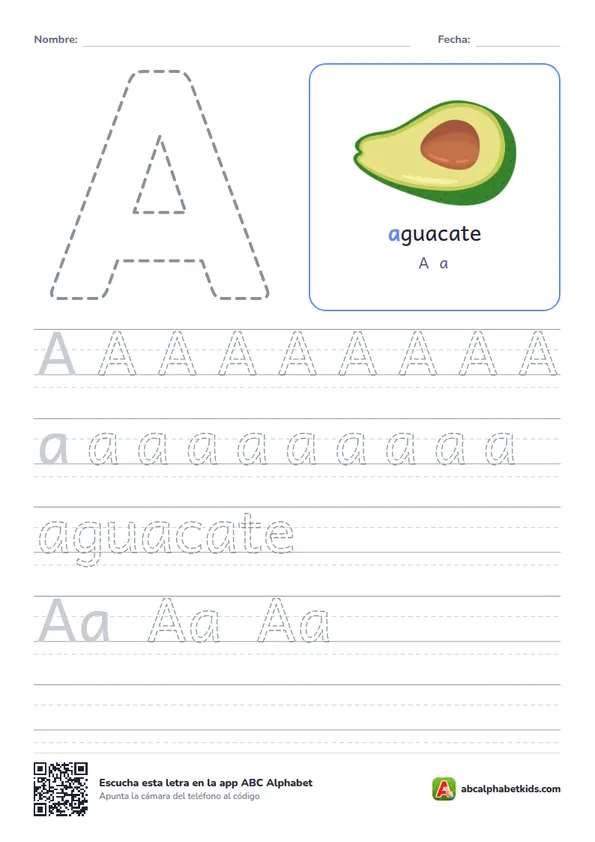 Ficha para repasar la letra A con aguacate