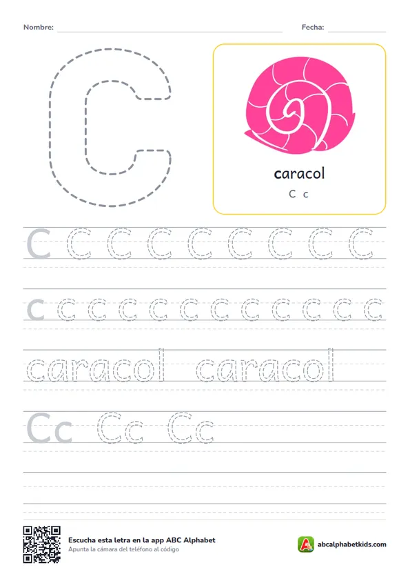 Ficha para repasar la letra C con caracol