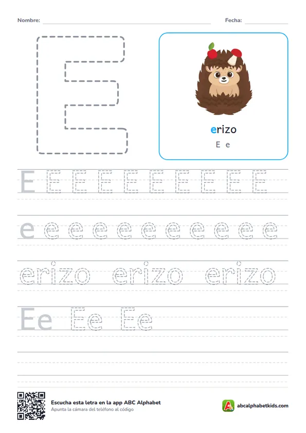 Ficha para repasar la letra E con erizo