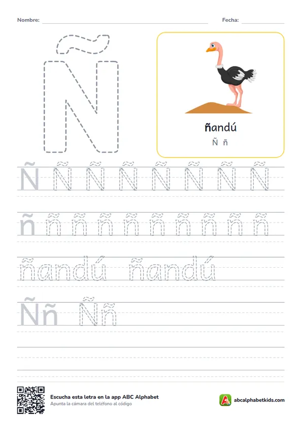 Ficha para repasar la letra Ñ con ñandú