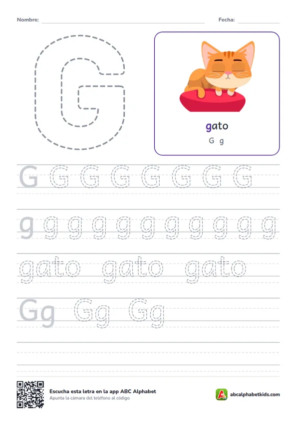 Ficha para repasar la letra G con gato