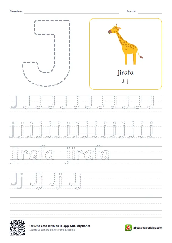 Ficha para repasar la letra J con jirafa