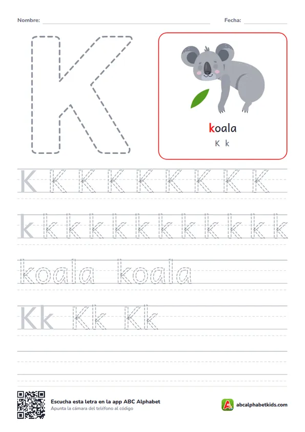 Ficha para repasar la letra K con koala