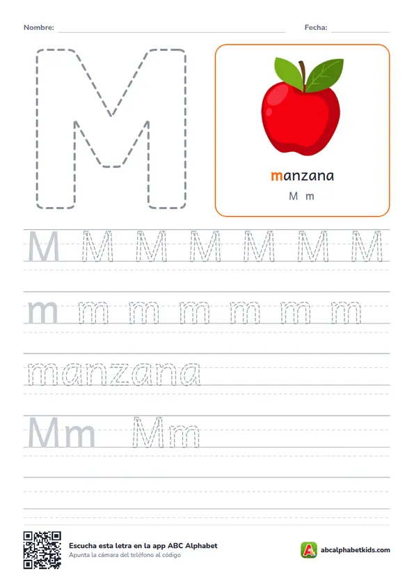 Ficha para repasar la letra M con manzana