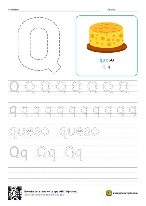 Ficha para repasar la letra Q con queso