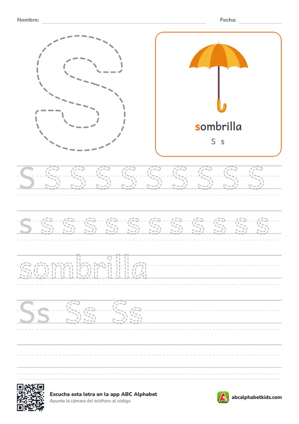 Ficha para repasar la letra S con sombrilla