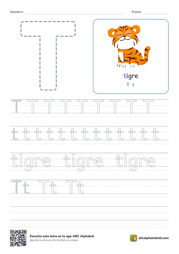 Ficha para repasar la letra T con tigre