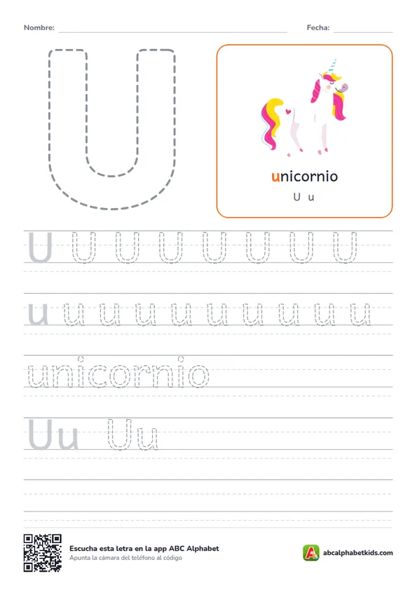 Ficha para repasar la letra U con unicornio