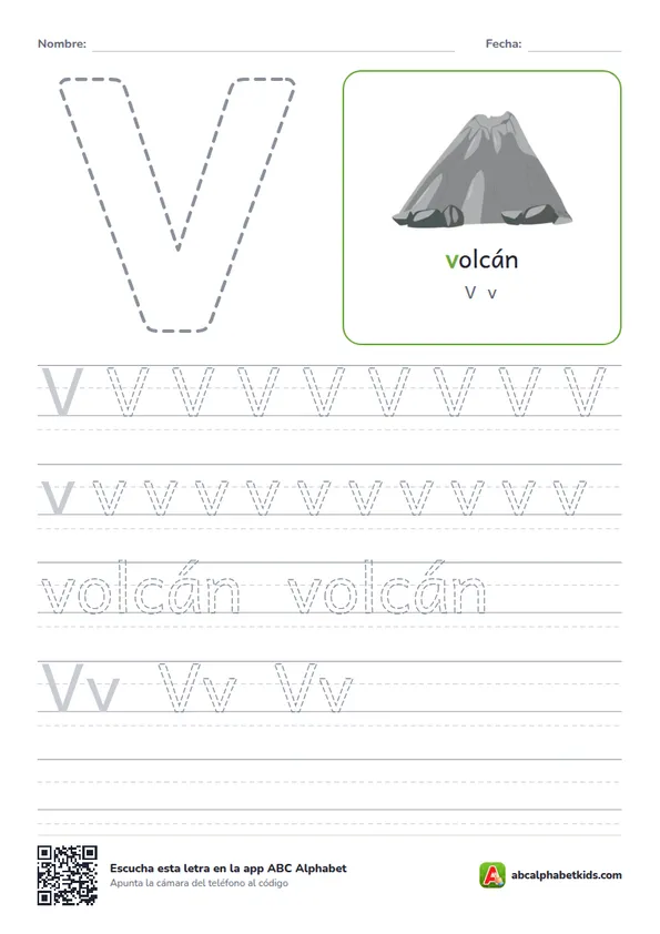 Ficha para repasar la letra V con volcán