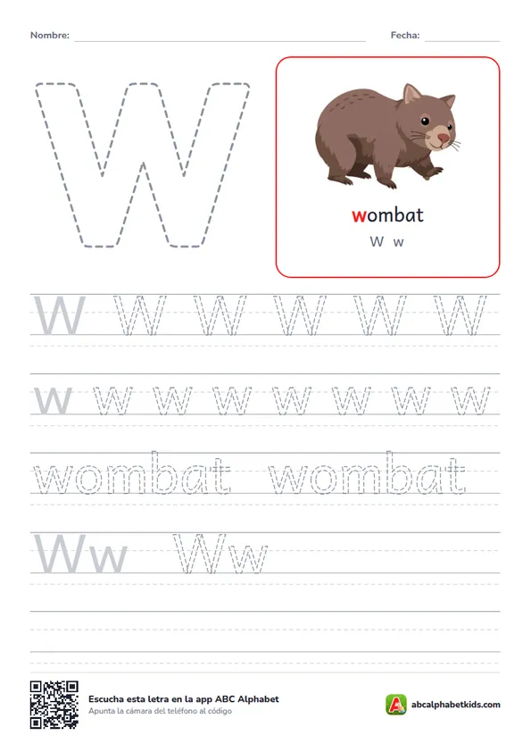 Ficha para repasar la letra W con wombat