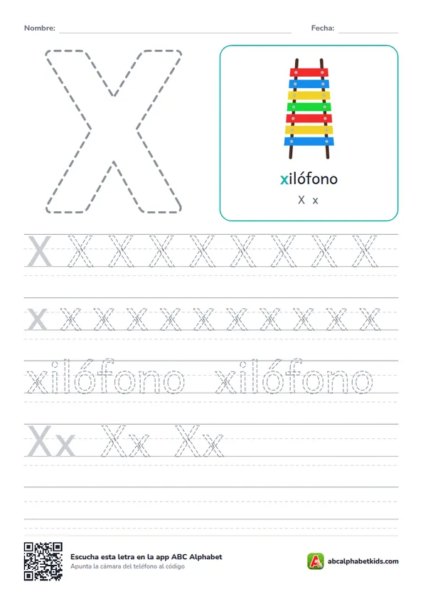 Ficha para repasar la letra X con xilófono