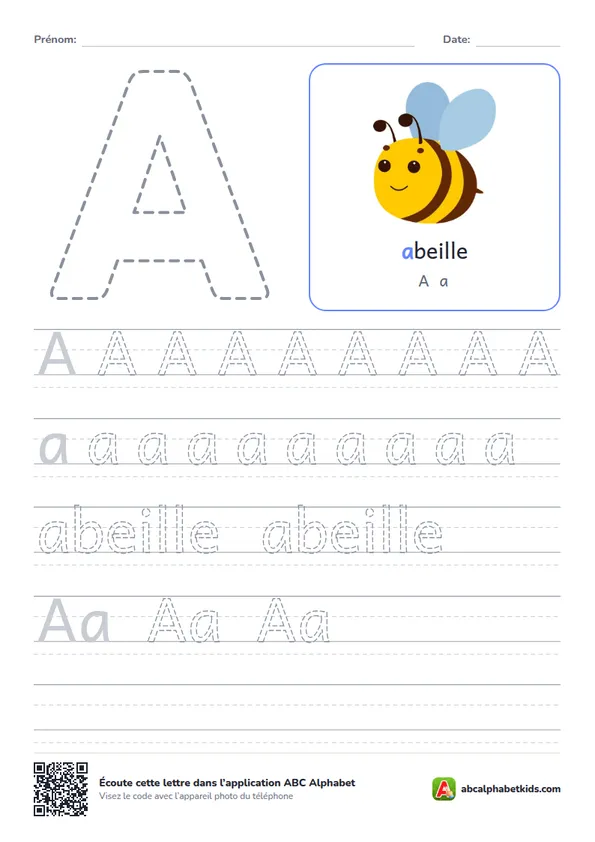 Fiche d’écriture de la lettre A avec abeille