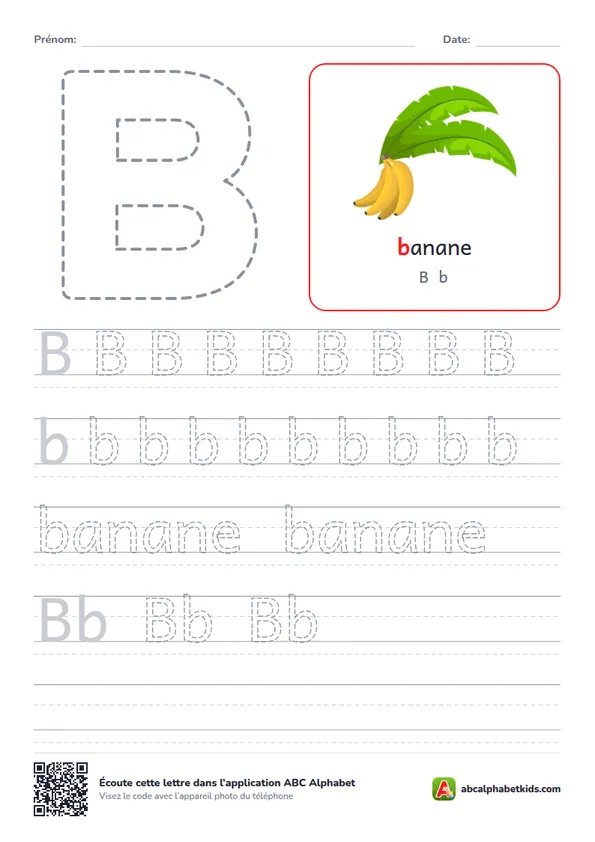 Fiche d’écriture de la lettre B avec banane