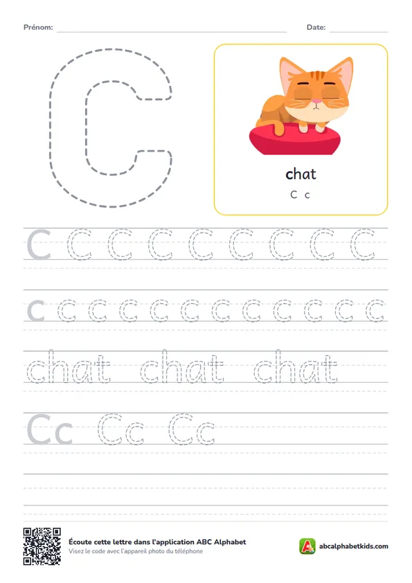 Fiche d’écriture de la lettre C avec chat