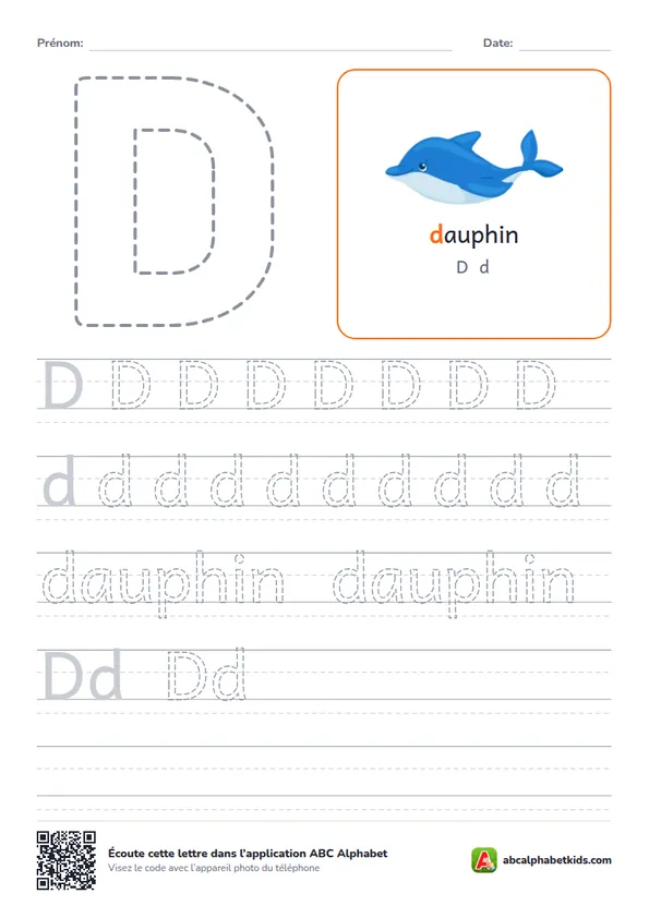 Fiche d’écriture de la lettre D avec dauphin