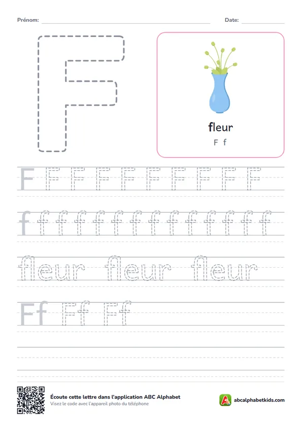 Fiche d’écriture de la lettre F avec fleur