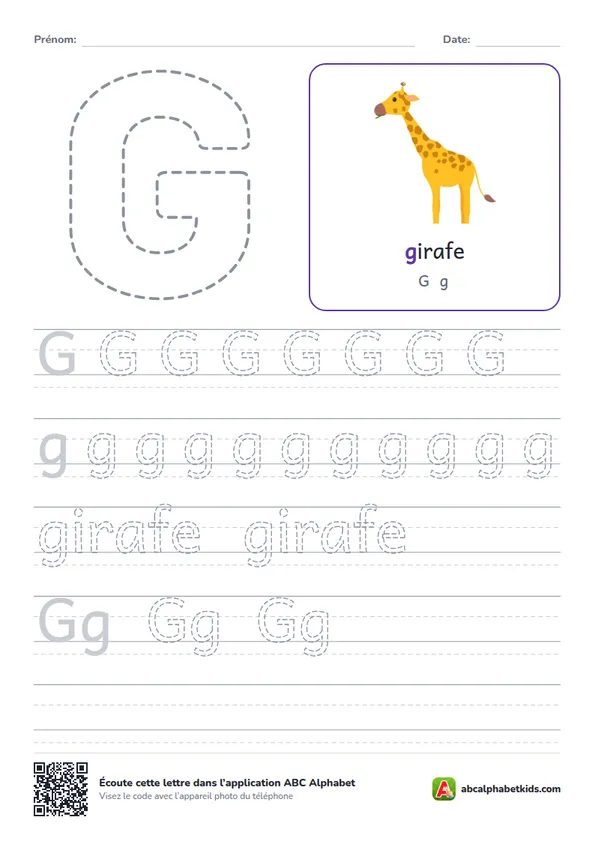 Fiche d’écriture de la lettre G avec girafe
