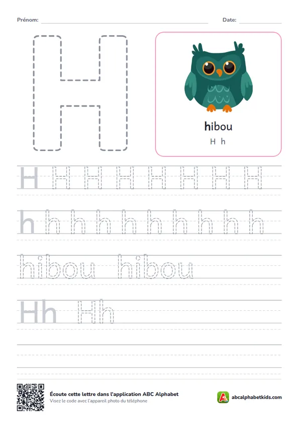 Fiche d’écriture de la lettre H avec hibou