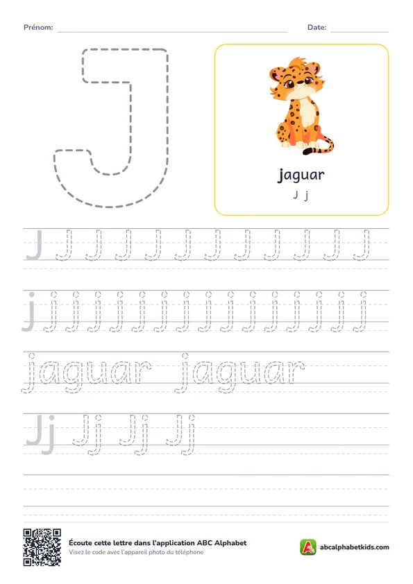 Fiche d’écriture de la lettre J avec jaguar