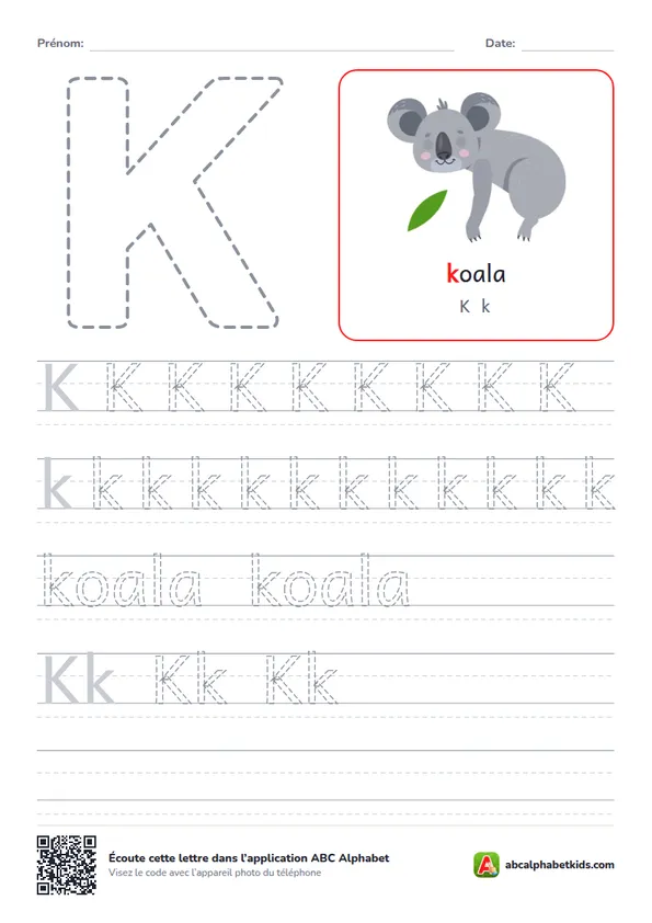 Fiche d’écriture de la lettre K avec koala