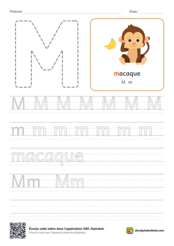 Fiche d’écriture de la lettre M avec macaque