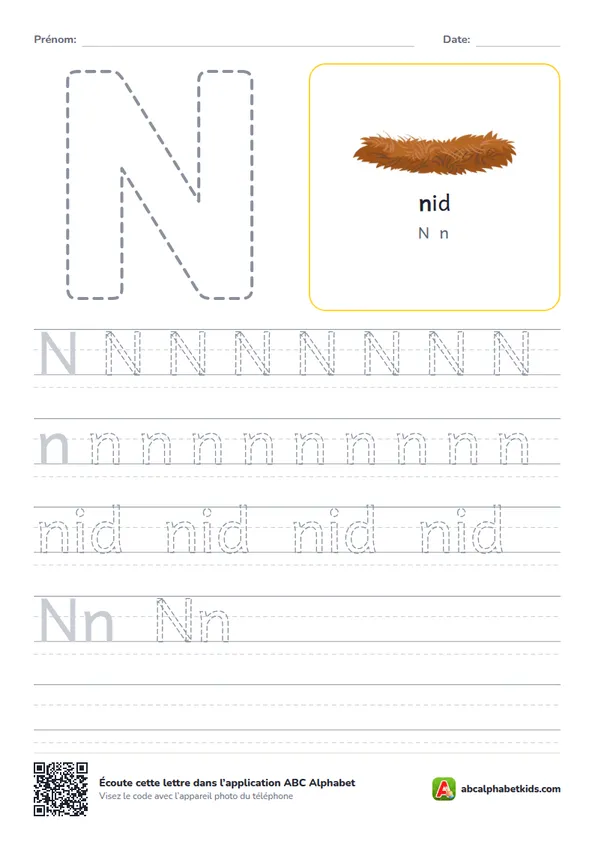 Fiche d’écriture de la lettre N avec nid