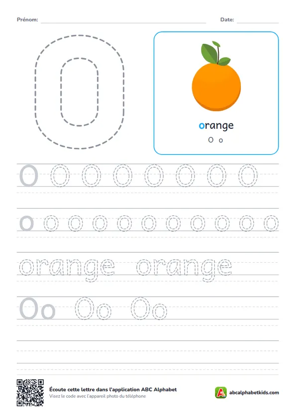 Fiche d’écriture de la lettre O avec orange
