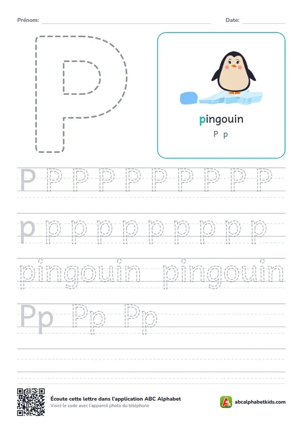 Fiche d’écriture de la lettre P avec pingouin
