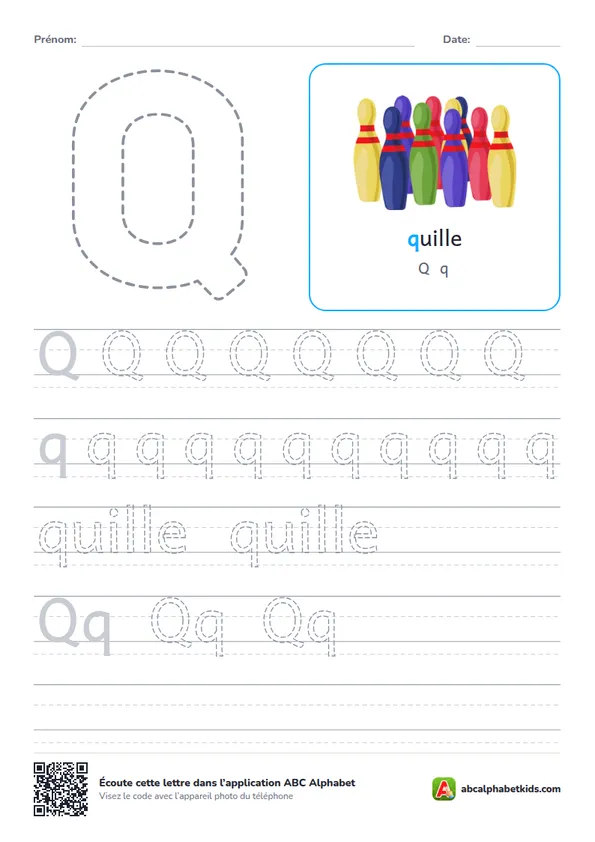 Fiche d’écriture de la lettre Q avec quille