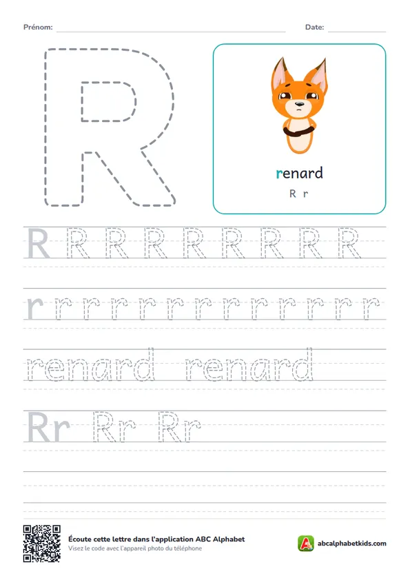 Fiche d’écriture de la lettre R avec renard