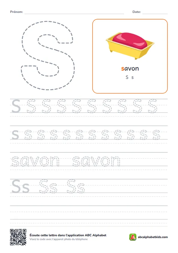 Fiche d’écriture de la lettre S avec savon