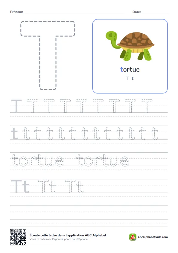 Fiche d’écriture de la lettre T avec tortue