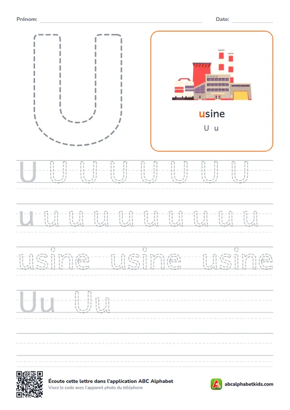 Fiche d’écriture de la lettre U avec usine