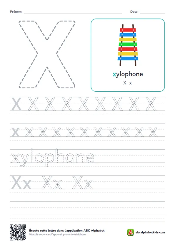Fiche d’écriture de la lettre X avec xylophone