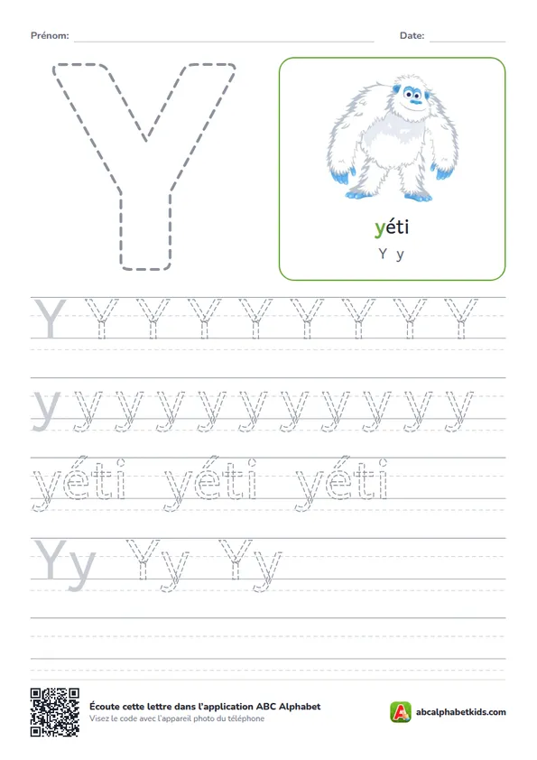 Fiche d’écriture de la lettre Y avec yéti