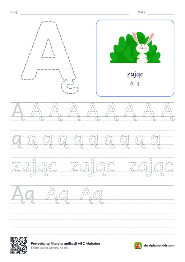 Karta pracy z literą Ą, obrazek: zając