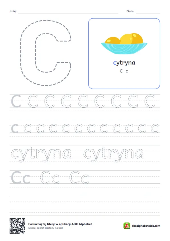 Karta pracy z literą C, obrazek: cytryna