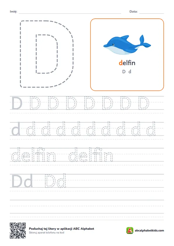 Karta pracy z literą D, obrazek: delfin