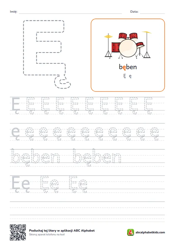 Karta pracy z literą Ę, obrazek: bęben