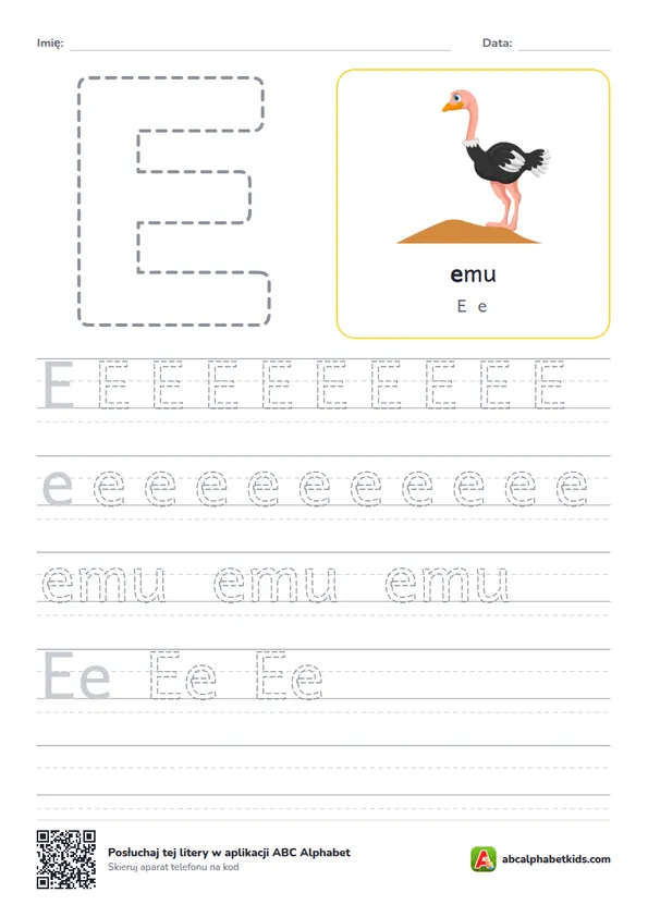 Karta pracy z literą E, obrazek: emu