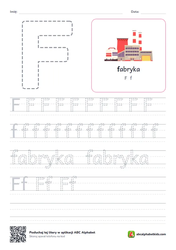 Karta pracy z literą F, obrazek: fabryka