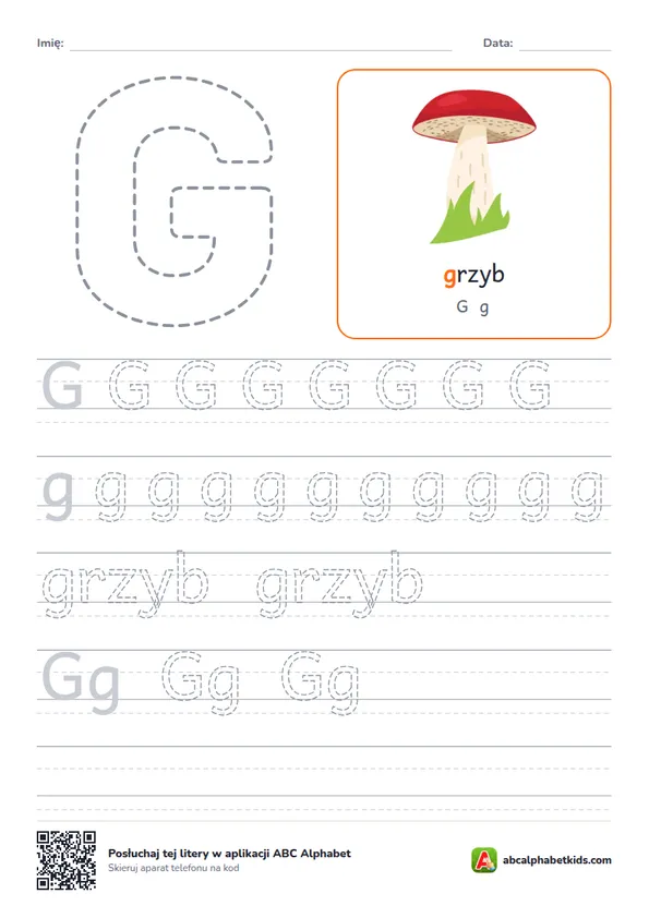 Karta pracy z literą G, obrazek: grzyb