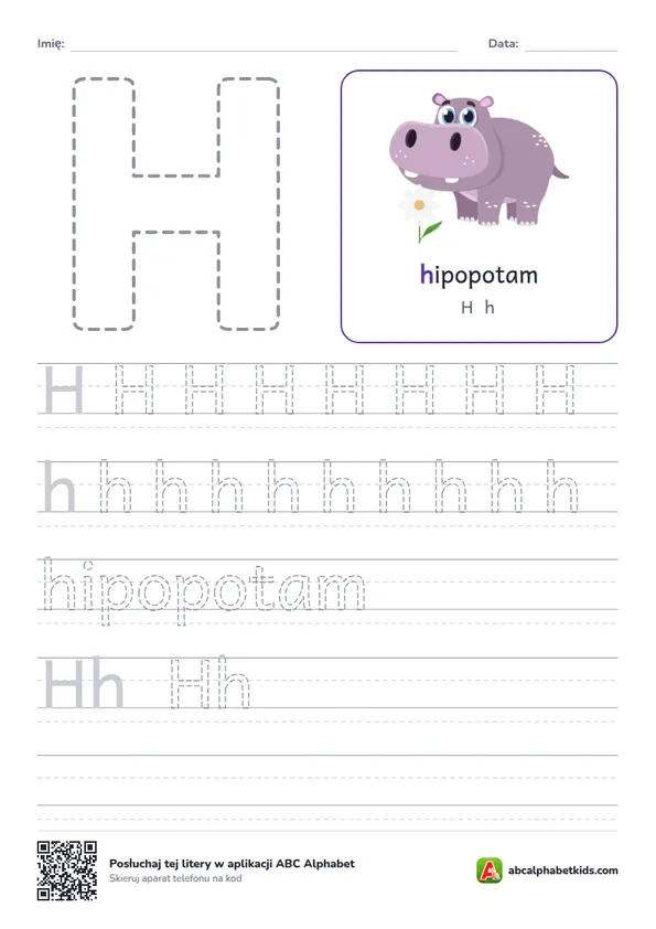 Karta pracy z literą H, obrazek: hipopotam