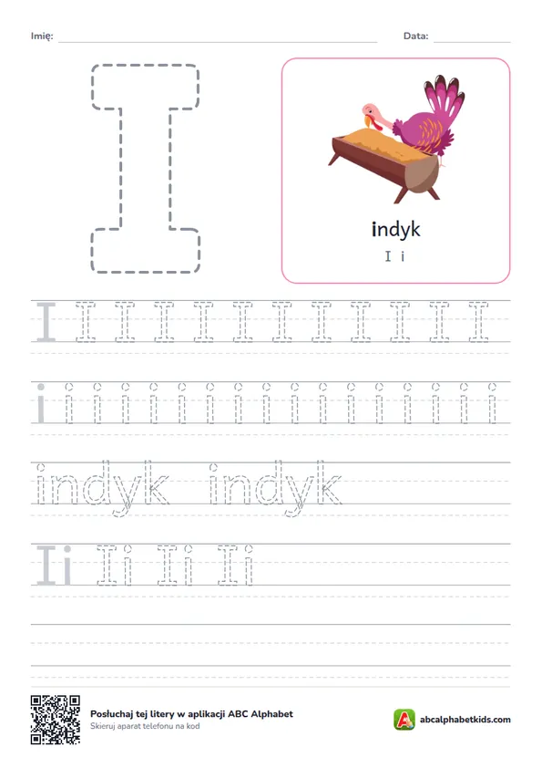 Karta pracy z literą I, obrazek: indyk