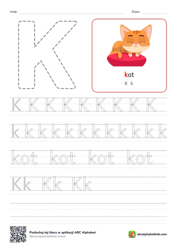 Karta pracy z literą K, obrazek: kot