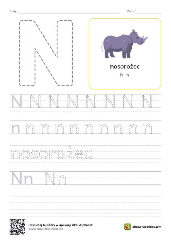 Karta pracy z literą N, obrazek: nosorożec