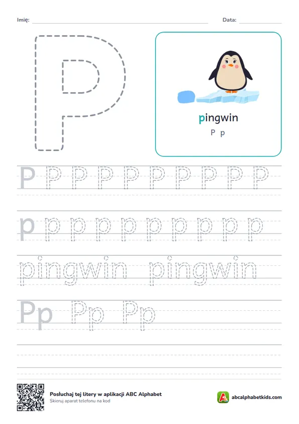 Karta pracy z literą P, obrazek: pingwin