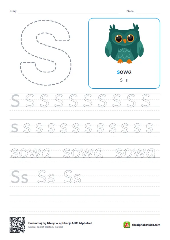 Karta pracy z literą S, obrazek: sowa